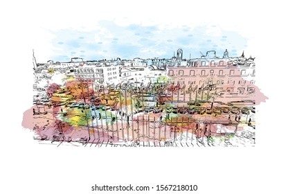 Building view with landmark of Batumi, a Black Sea resort and port city, is the capital of the Georgian republic of Adjara. Watercolor splash with Hand drawn sketch illustration in vector.
