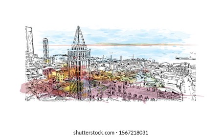 Building view with landmark of Batumi, a Black Sea resort and port city, is the capital of the Georgian republic of Adjara. Watercolor splash with Hand drawn sketch illustration in vector.