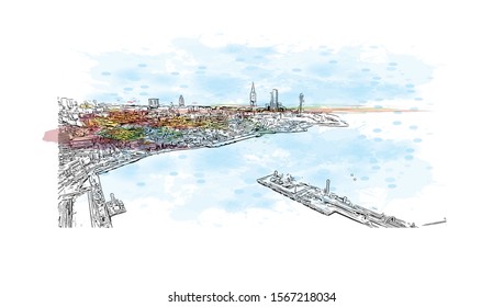 Building view with landmark of Batumi, a Black Sea resort and port city, is the capital of the Georgian republic of Adjara. Watercolor splash with Hand drawn sketch illustration in vector.