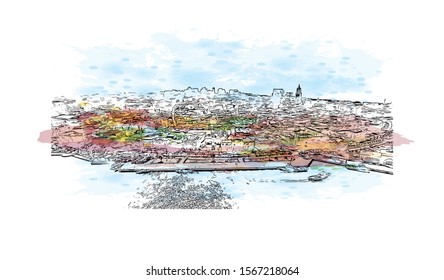 Building view with landmark of Batumi, a Black Sea resort and port city, is the capital of the Georgian republic of Adjara. Watercolor splash with Hand drawn sketch illustration in vector.