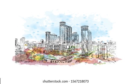 Building view with landmark of Batumi, a Black Sea resort and port city, is the capital of the Georgian republic of Adjara. Watercolor splash with Hand drawn sketch illustration in vector.