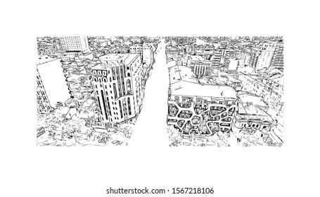 Building view with landmark of Batumi, a Black Sea resort and port city, is the capital of the Georgian republic of Adjara. Hand drawn sketch illustration in vector.