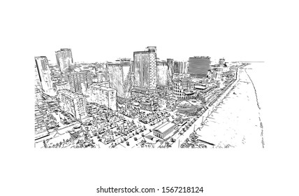 Building view with landmark of Batumi, a Black Sea resort and port city, is the capital of the Georgian republic of Adjara. Hand drawn sketch illustration in vector.