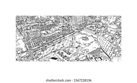 Building view with landmark of Batumi, a Black Sea resort and port city, is the capital of the Georgian republic of Adjara. Hand drawn sketch illustration in vector.