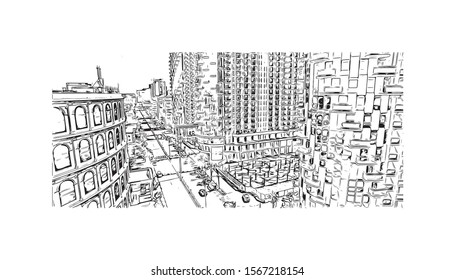 Building view with landmark of Batumi, a Black Sea resort and port city, is the capital of the Georgian republic of Adjara. Hand drawn sketch illustration in vector.