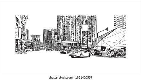 Building view with landmark of Batumi is the second largest city in Georgia. Hand drawn sketch illustration in vector.