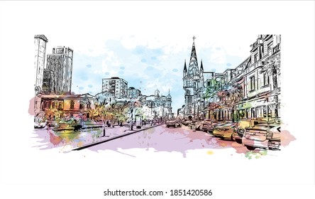Construir vistas con monumentos de Batumi es la segunda ciudad más grande de Georgia. Salto de color de agua con ilustración de esbozo dibujada a mano en vector.