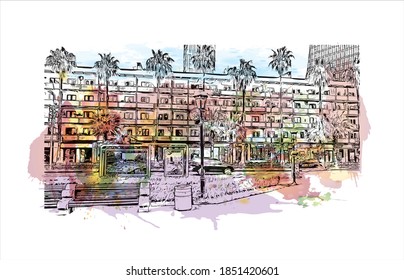 Der Bau mit Wahrzeichen Batumi ist die zweitgrößte Stadt Georgiens. Aquarellspritzer mit handgezeichneter Skizzengrafik in Vektorgrafik.