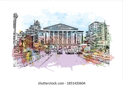 Building view with landmark of Batumi is the second largest city in Georgia. Watercolor splash with hand drawn sketch illustration in vector.