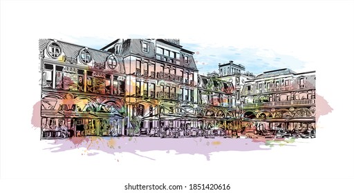 Construir vistas con monumentos de Batumi es la segunda ciudad más grande de Georgia. Salto de color de agua con ilustración de esbozo dibujada a mano en vector.