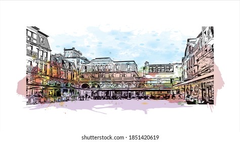 Building view with landmark of Batumi is the second largest city in Georgia. Watercolor splash with hand drawn sketch illustration in vector.