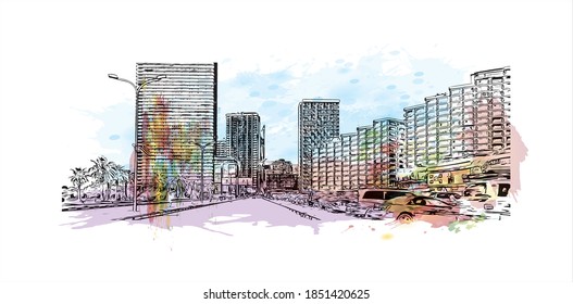 Construir vistas con monumentos de Batumi es la segunda ciudad más grande de Georgia. Salto de color de agua con ilustración de esbozo dibujada a mano en vector.