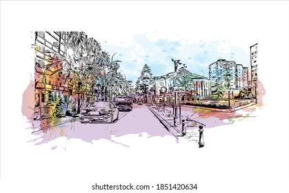 Building view with landmark of Batumi is the second largest city in Georgia. Watercolor splash with hand drawn sketch illustration in vector.
