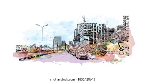 Building view with landmark of Batumi is the second largest city in Georgia. Watercolor splash with hand drawn sketch illustration in vector.
