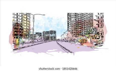 Building view with landmark of Batumi is the second largest city in Georgia. Watercolor splash with hand drawn sketch illustration in vector.