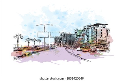 Construir vistas con monumentos de Batumi es la segunda ciudad más grande de Georgia. Salto de color de agua con ilustración de esbozo dibujada a mano en vector.