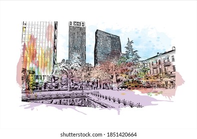 Building view with landmark of Batumi is the second largest city in Georgia. Watercolor splash with hand drawn sketch illustration in vector.