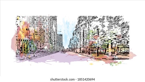 Building view with landmark of Batumi is the second largest city in Georgia. Watercolor splash with hand drawn sketch illustration in vector.
