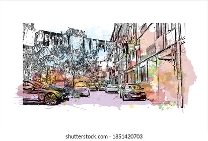 Building view with landmark of Batumi is the second largest city in Georgia. Watercolor splash with hand drawn sketch illustration in vector.
