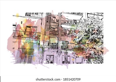 Construir vistas con monumentos de Batumi es la segunda ciudad más grande de Georgia. Salto de color de agua con ilustración de esbozo dibujada a mano en vector.