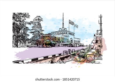 Construir vistas con monumentos de Batumi es la segunda ciudad más grande de Georgia. Salto de color de agua con ilustración de esbozo dibujada a mano en vector.