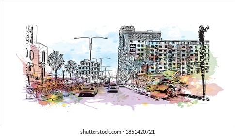 Building view with landmark of Batumi is the second largest city in Georgia. Watercolor splash with hand drawn sketch illustration in vector.