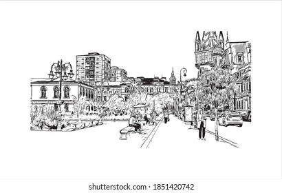 Building view with landmark of Batumi is the second largest city in Georgia. Hand drawn sketch illustration in vector.