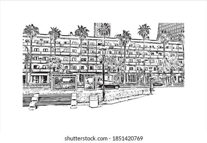 Building view with landmark of Batumi is the second largest city in Georgia. Hand drawn sketch illustration in vector.