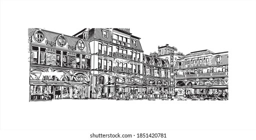 Building view with landmark of Batumi is the second largest city in Georgia. Hand drawn sketch illustration in vector.