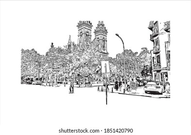 Building view with landmark of Batumi is the second largest city in Georgia. Hand drawn sketch illustration in vector.
