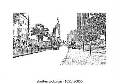 Construir vistas con monumentos de Batumi es la segunda ciudad más grande de Georgia. Dibujo a mano de ilustración de esbozo en vector.