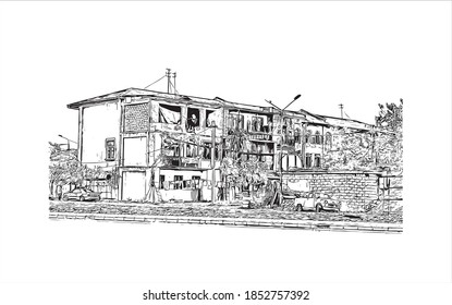 Construir vistas con monumentos de Batumi es la segunda ciudad más grande de Georgia. Dibujo a mano de ilustración de esbozo en vector.