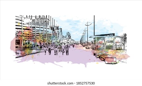 Building view with landmark of Batumi is the second largest city in Georgia. Watercolor splash with hand drawn sketch illustration in vector.
