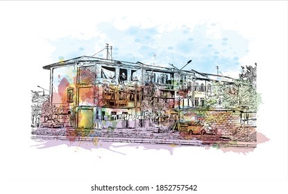 Building view with landmark of Batumi is the second largest city in Georgia. Watercolor splash with hand drawn sketch illustration in vector.