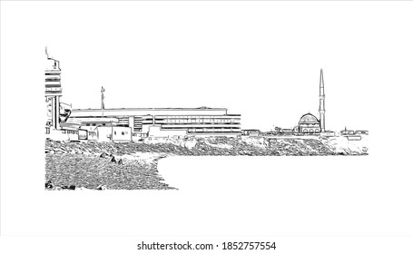 Building view with landmark of Batumi is the second largest city in Georgia. Hand drawn sketch illustration in vector.