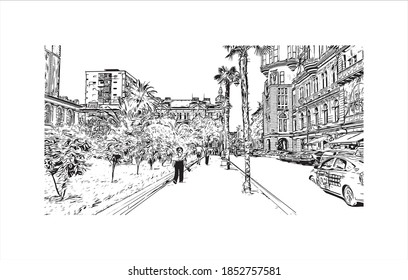 Building view with landmark of Batumi is the second largest city in Georgia. Hand drawn sketch illustration in vector.