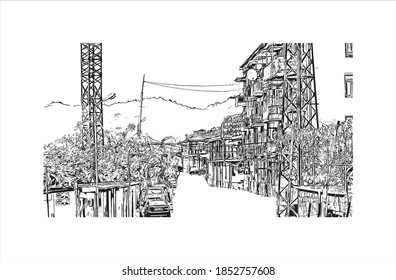 Building view with landmark of Batumi is the second largest city in Georgia. Hand drawn sketch illustration in vector.