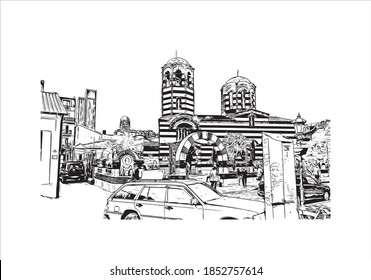 Building view with landmark of Batumi is the second largest city in Georgia. Hand drawn sketch illustration in vector.