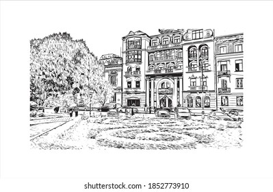 Building view with landmark of Batumi is the second largest city in Georgia. Hand drawn sketch illustration in vector.