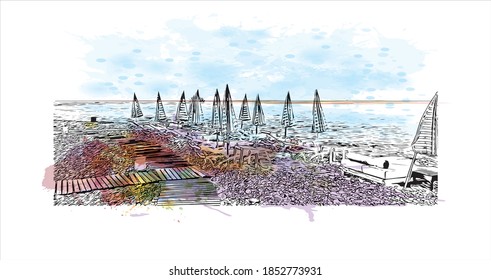 Building view with landmark of Batumi is the second largest city in Georgia. Watercolor splash with hand drawn sketch illustration in vector.