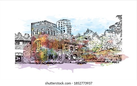 Building view with landmark of Batumi is the second largest city in Georgia. Watercolor splash with hand drawn sketch illustration in vector.