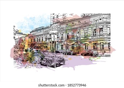 Building view with landmark of Batumi is the second largest city in Georgia. Watercolor splash with hand drawn sketch illustration in vector.