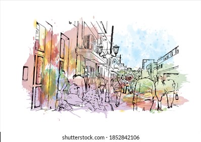 Building view with landmark of Bayamo is the capital city of Cuba. Watercolor splash with hand drawn sketch illustration in vector.
