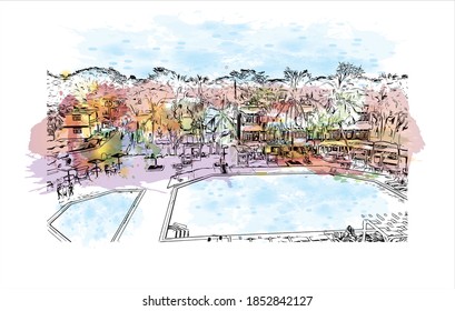Building view with landmark of Bayamo is the capital city of Cuba. Watercolor splash with hand drawn sketch illustration in vector.