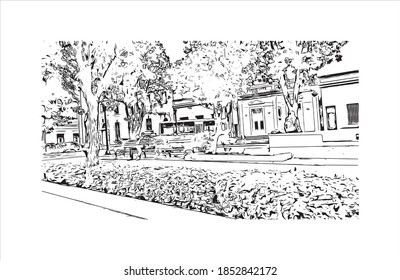 Building view with landmark of Bayamo is the capital city of Cuba. Hand drawn sketch illustration in vector.