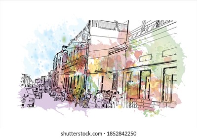 Building view with landmark of Bayamo is the capital city of Cuba. Watercolor splash with hand drawn sketch illustration in vector.