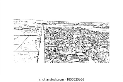 Building view with landmark of Bayawan is a city of Philippines. Hand drawn sketch illustration in vector.