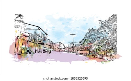 Building view with landmark of Bayawan is a city of Philippines. Watercolor splash with hand drawn sketch illustration in vector.