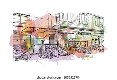 Building view with landmark of Bayawan is a city of Philippines. Watercolor splash with hand drawn sketch illustration in vector.