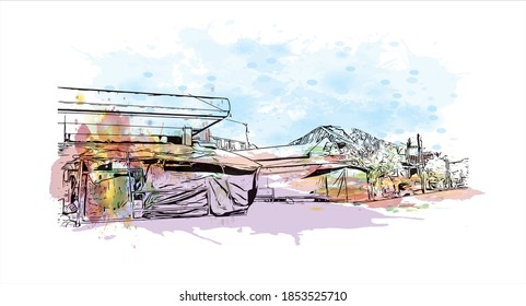 Building view with landmark of Bayawan is a city of Philippines. Watercolor splash with hand drawn sketch illustration in vector.